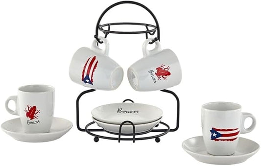 IMUSA 8pc 3oz Boricua Espresso Cups & Saucers Set w/Rack