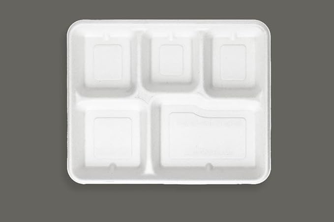 100 Pack - 100% Non Plastics 5 Compartment Paper Plates, Disposable School Lunch Trays, Eco-Friendly Bagasse Plates for School Lunch, Buffet, and Party