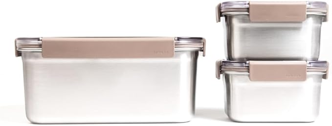 LocknLock Stainless Steel Food Storage Containers with Lids, Metal Lunch Boxes, Leak-Proof, Microwave, Freezer and Dishwasher Safe, 3-Piece Set, 2 x 520ml and 1 x 1400ml