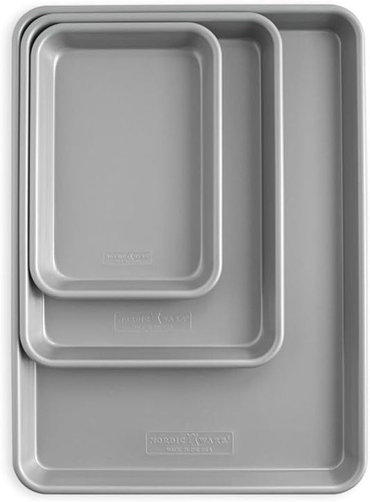 Nordic Ware Brilliant™ Colorful 3-Pc Baking Set, Nonstick made without PFAS or PTFE for safe cooking; Reinforced steel rim prevents warping; Includes Half Sheet, Quarter Sheet, and Eighth Sheet