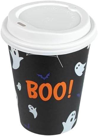 Restaurantware-Restpresso 12 Ounce Halloween Party Cups, 20 Disposable Hot Cups With Plastic Lids - Spooky Ghost Design, Rolled Rim, Black Paper Coffee Cups, Single Wall, Serve Hot And Cold Drinks