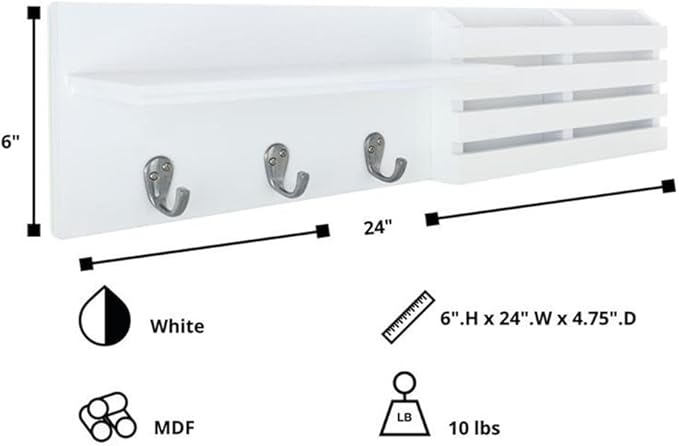 Kiera Grace kieragrace Sydney Mail Shelf, 3 Hooks WALL Organization, White