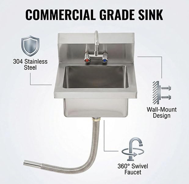 GarveeTech Commercial Stainless Steel Hand Wash Sink, Small Wall Mount or Drop-in Handwashing Basin with Swivel Faucet, 3-Side Backsplash, Drain Kit for Restaurant Kitchen Bar Garage