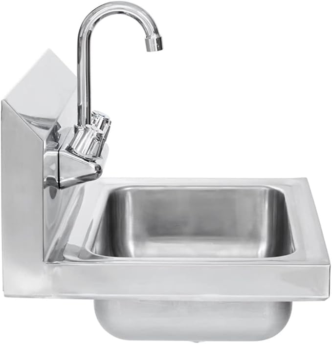 304 Stainless Steel Sink for Washing - Commercial Wall Mount Hand Basin for Restaurant, Kitchen and Home - Double Switch Faucet,Silver-43x39x14cm