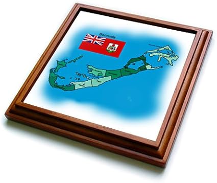 3dRose Flag and Map of the British Overseas Island Territory Bermuda and All Parishes Colored and Labeled Trivet with Ceramic Tile, 8 by 8", Brown