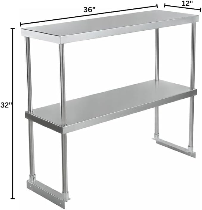 Empura 36" Wide Double Deck Stainless Steel Table-Mount Overshelf with Mounting Bracket | Prep Work Table Rack Shelve for Restaurant Garage | 1.5" Thick Shelf Deck, 36"W x 12"D x 32"H, 18 Gauge, NSF