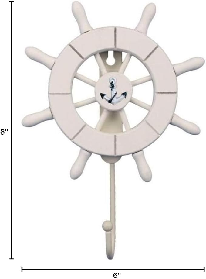 Handcrafted Nautical Decor White Decorative Ship Wheel with Anchor with Hook 6" - Wooden Ships Wheel - Boa