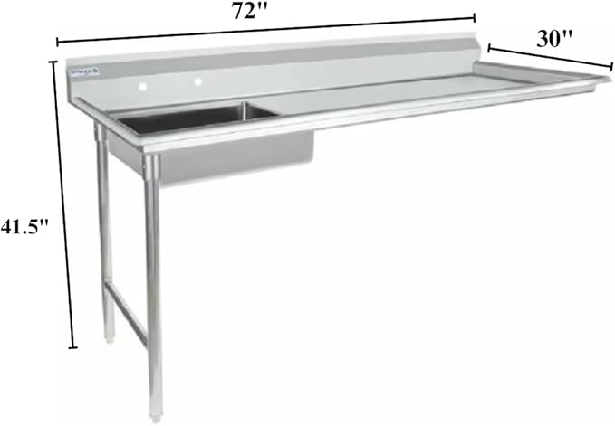 Empura 72" Wide Stainless Steel Soiled Dishtable, Undercounter Left Hand Side Commercial Worktop Table for Restaurant Diner Cafeteria Kitchen, 7.5" Backsplash, 72" W x 30" D x 41.5" H, 16-Gauge, NSF