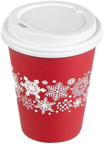 Restaurantware-Restpresso 12 Ounce Disposable Drinking Cups, 20 Hot Cups With Plastic Lids - Snowflake Design, Rolled Rim, Red Paper Coffee Cups, For Christmas Parties, Serve Hot And Cold Drinks