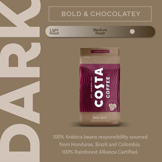 Costa Coffee Whole Bean Coffee, Signature Blend Dark Roast, 12oz each, Rainforest Alliance Certified (Pack of 4)