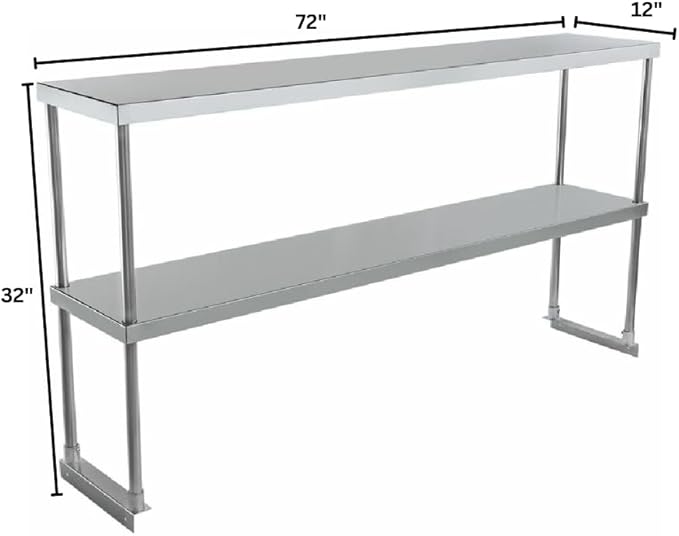 Empura 72" Wide Double Deck Stainless Steel Table-Mount Overshelf with Mounting Bracket | Prep Work Table Rack Shelve for Restaurant Garage | 1.5" Thick Shelf Deck, 72"W x 12"D x 32"H, 18 Gauge, NSF