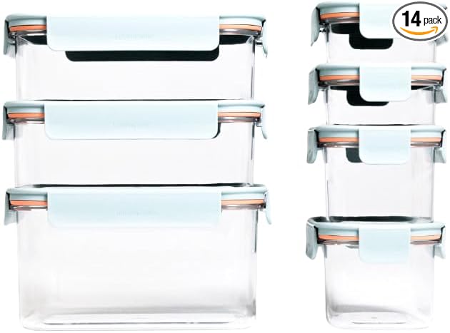LocknLock LBF405RS7M Bisfree Modular Plus Food Storage Containers for Lunch, Meal Prep, Stackable, BPA-Free, Leakproof, Microwave, Dishwasher, Freezer-Safe, 14 Pieces, 7 Boxes and 7 Lids, Mint, 1.5L