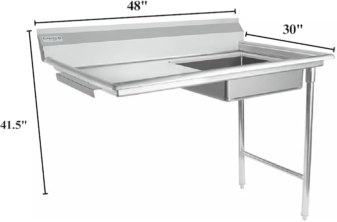Empura 48" Wide Stainless Steel Soiled Dishtable, Undercounter Right Hand Side Commercial Worktop Table for Restaurant Diner Cafeteria Kitchen, 7.5" Backsplash, 48" W x 30" D x 41.5" H, 16-Gauge, NSF