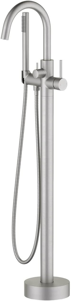 KIBI Circular Floor Mount Tub Filler with Hand Shower in Brushed Nickel | Solid Brass Single Handle Freestanding Bathtub Faucet with 360° Swivel Spout, Modern Bath Faucet for Tub and Shower (KTF301BN)