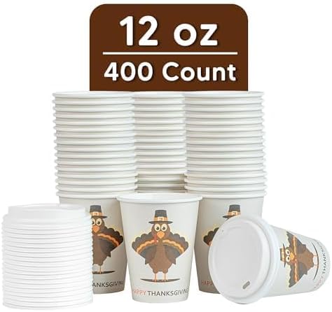 Restaurantware-Restpresso 12 Ounce Thanksgiving Party Cups, 400 Disposable Hot Cups With Plastic Lids - Turkey Design, Rolled Rim, Paper Coffee Cups, Single Wall, Serve Hot And Cold Drinks