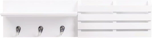 Kiera Grace Sydney Floating Shelf, Modern Wall Mounted Shelf with 3 Metal Hooks and Mail Holder for Home, Office, 24", White, 1Pack