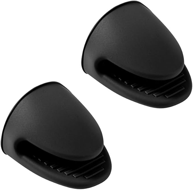 Restaurantware Comfy Grip 4.3 x 3.5 x 4.2 Inch Mini Oven Mitt Pot Holders 1 Food-Grade Finger Mitt Set - 2-Piece Set Oven-Ready Up To 446F Black Silicone Pinch Mitts Ribbed Texture Dishwashable