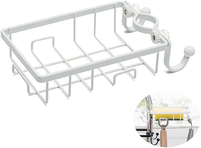 Faucet Clamp Sponge Holder Kitchen Sink Organizer with Wire Rack and Hooks Plastic Iron Dishcloth Storage for Dry Soap and Sponge Easy Install No Drilling White