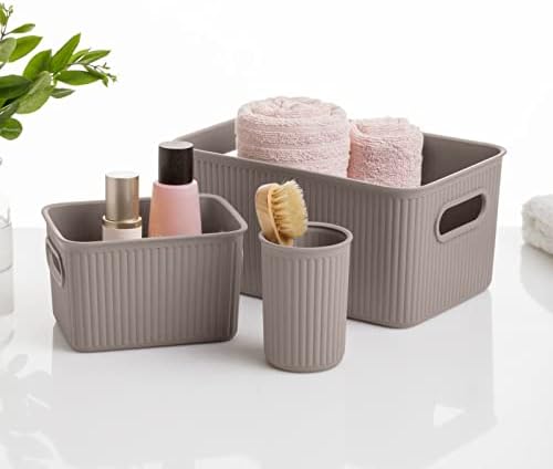 Superio Decorative Plastic Basket Open Home Storage Bins Organizer Baskets, Medium, Taupe (8 Pack) Container Boxes for Organizing Closet Storage Bins for Shelves Drawer Shelf, 5 Liter