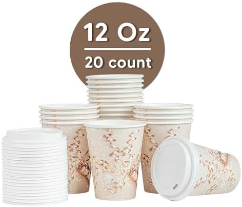 Restaurantware-Restpresso 12 Ounce New Year’s Eve Party Cups, 20 Hot Cups With Plastic Lids - Rolled Rim, Single Wall, Disposable Paper Coffee Cups, Sustainable, Serve Hot And Cold Drinks