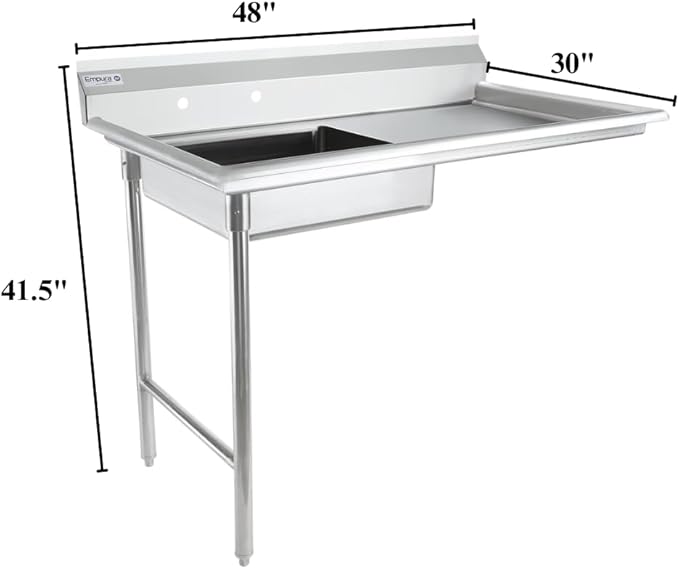 Empura 48" Wide Stainless Steel Soiled Dishtable, Undercounter Left Hand Side Commercial Worktop Table for Restaurant Diner Cafeteria Kitchen, 7.5" Backsplash, 48" W x 30" D x 41.5" H, 16-Gauge, NSF