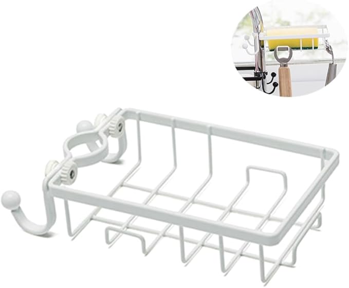 Faucet Clamp Sponge Holder Kitchen Sink Organizer with Wire Rack and Hooks Plastic Iron Dishcloth Storage for Dry Soap and Sponge Easy Install No Drilling White