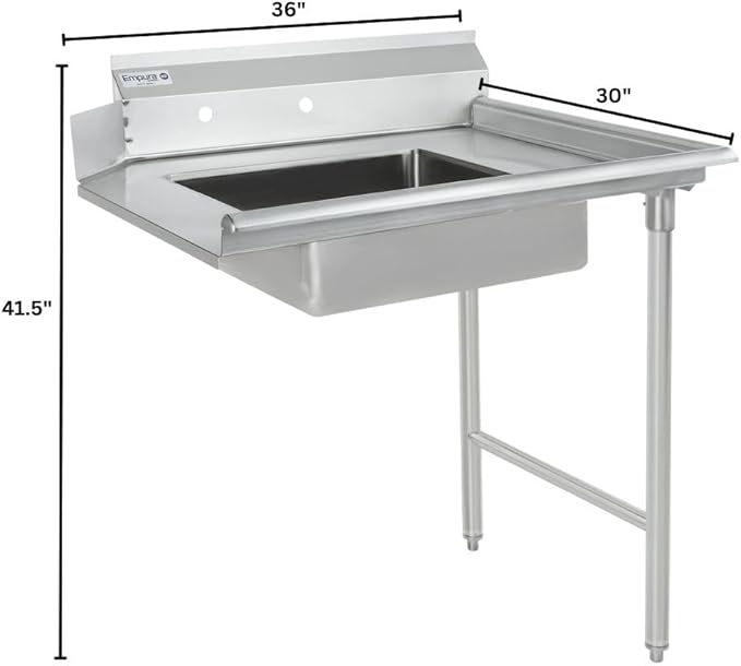 Empura 36" Wide Stainless Steel Soiled Dishtable with Backsplash | Straight Design Right Hand Side Commercial Worktop table for Restaurant Diner Cafeteria Kitchen | 36"W x 30"D x 41.5"H, 16 Gauge, NSF