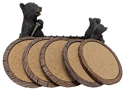 Black Bear Canoe Coaster Set with Holder - Pine Ridge 3 Rustic Black Bear Cabin Decor Absorbent Coaster Drink - Set of 5 Drink Coaster Set