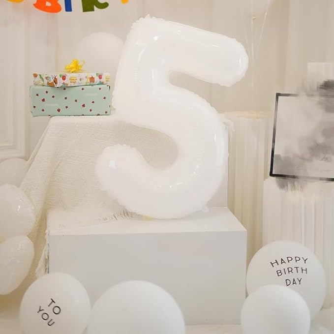 5 Balloons Number, White Balloon Numbers for Girls Boys 40 Inch Happy Birthday Decorations for 5 15 25 2025 Graduation Wedding Anniversaries