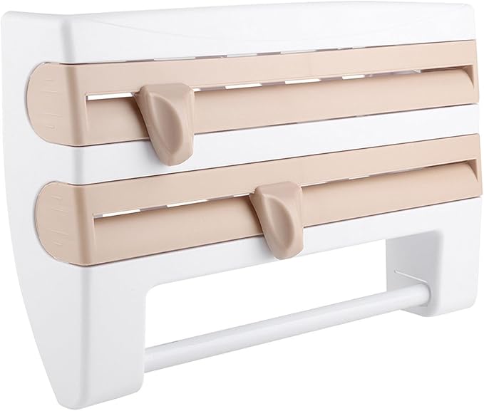Wall - Mounted Kitchen Cling Film and Foil Storage Rack with Built - In Cutter, Paper Towel Holder, Aluminum Foil Dispenser for Home Cooking Organization (Khaki)