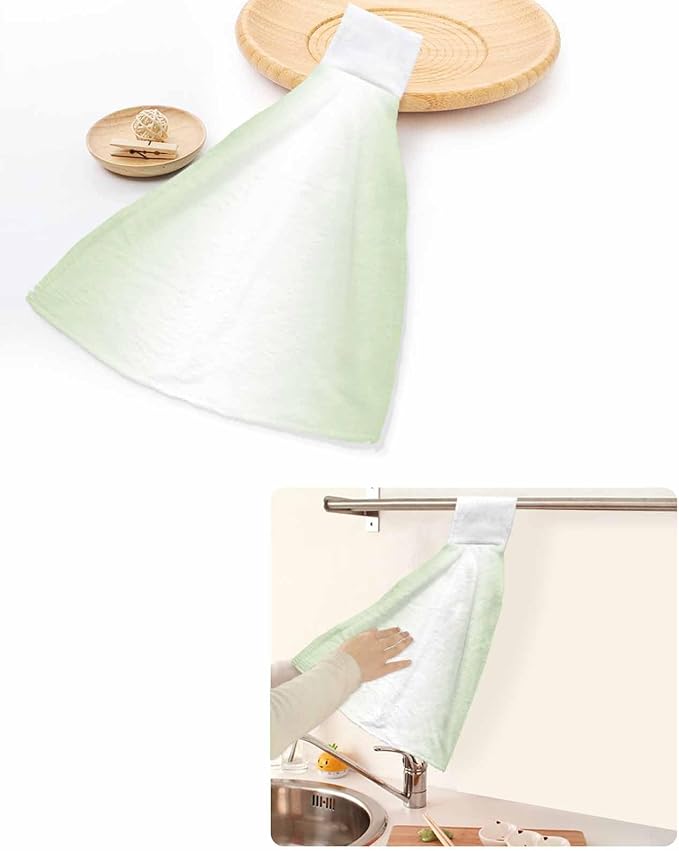 Alandar Home Kitchen Tie Towel Set of 2, Light Green White Ombre Minimalist Absorbent Soft Hand Towels for Bathroom Hanging Towels, Modern Ombre Art Fast Drying Cleaning Cloth with Loop