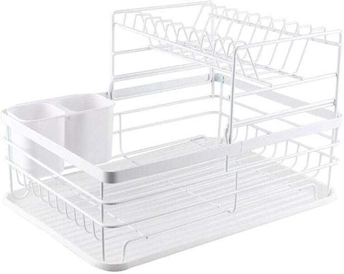 Dish Drainer Rack Metal Kitchen Cutlery Bowl Draining Holder Basket Tray (Color : #01 Black 2 Tier) (#01 White 2 Tier)