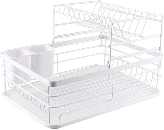 Dish Drainer Rack Metal Kitchen Cutlery Bowl Draining Holder Basket Tray (Color : #01 Black 2 Tier) (#01 White 2 Tier)