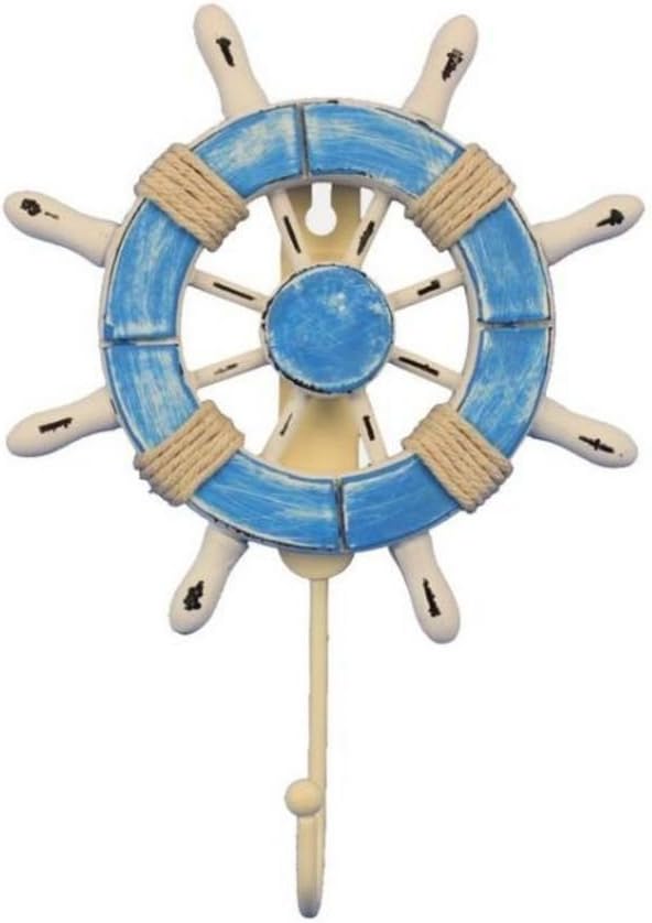 Hampton Nautical Wheel-6-109 Rustic Decorative Ship Wheel with Hook, 6", Light Blue and White
