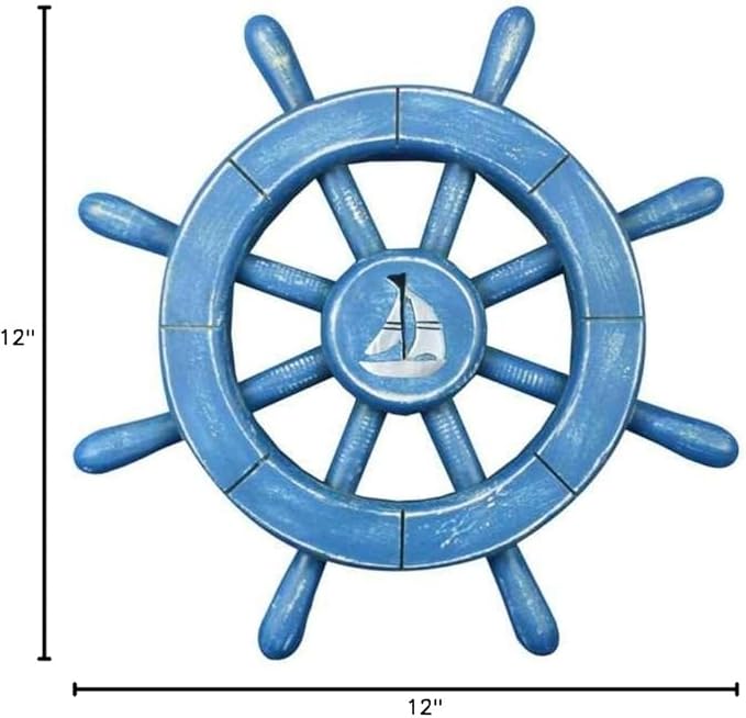 Hampton Nautical Rustic All Ship Wheel with Sailboat Decorative Wall Art Decoration, 12", Light Blue