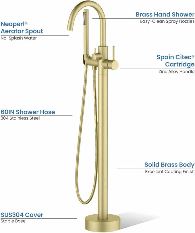 KIBI Circular Floor Mount Bathtub Faucet with Hand Shower | Single Handle Freestanding Tub Filler | Modern Bath Faucet for Tub and Shower | Brushed Gold Finish, KTF301