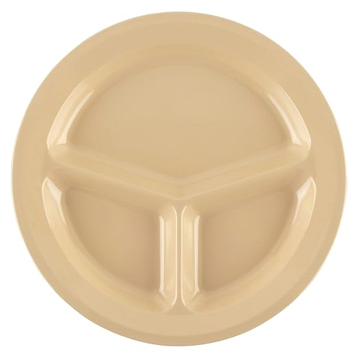 G.E.T. Heavy-Duty 3 Compartment Plastic Divided Compartment Plates, Deep Sided, 11", Tan (Set of 12)