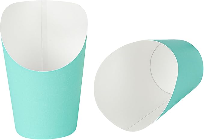 Bio Tek 12 Ounce French Fry Containers, 100 Disposable Charcuterie Cups - Incline Design, Round, Turquoise Paper French Fry Cups, Stackable, For Waffles, Chips, or Popcorn - Restaurantware