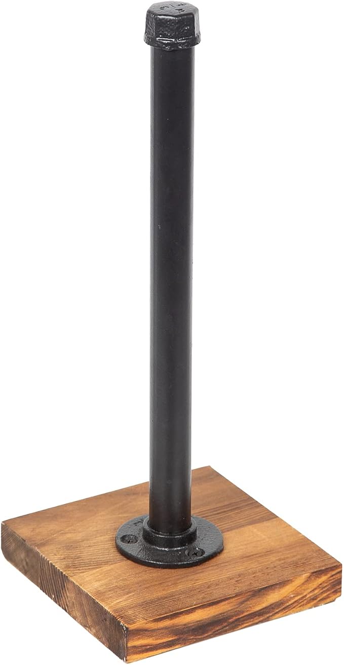 Rustic Industrial Iron Pipe Design Paper Towel Holder with Solid Wood Base Farmhouse Paper Towel Roll Dispenser for Kitchen Bathroom Livingroom Office (Dark Brown)