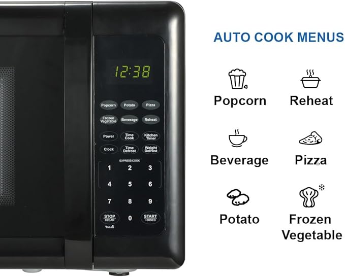 Emerson MW7302B Compact Countertop Microwave Oven with Touch Control, LED Display, 700W, 10 Power Levels, 6 Auto Menus, Glass Turntable and Child Safe Lock, 0.7 Cu., Ft. Black