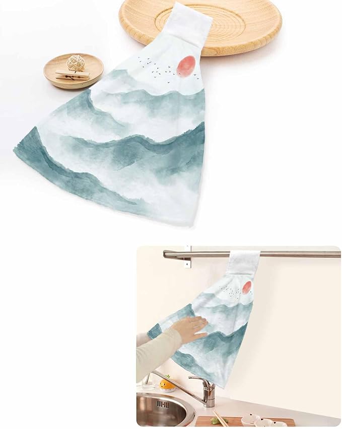 Alandar Home Kitchen Tie Towel Set of 2, Watercolor Mountains Landscape Absorbent Soft Hand Towels for Bathroom Hanging Towels, Asian Zen Painting Fast Drying Cleaning Cloth with Loop