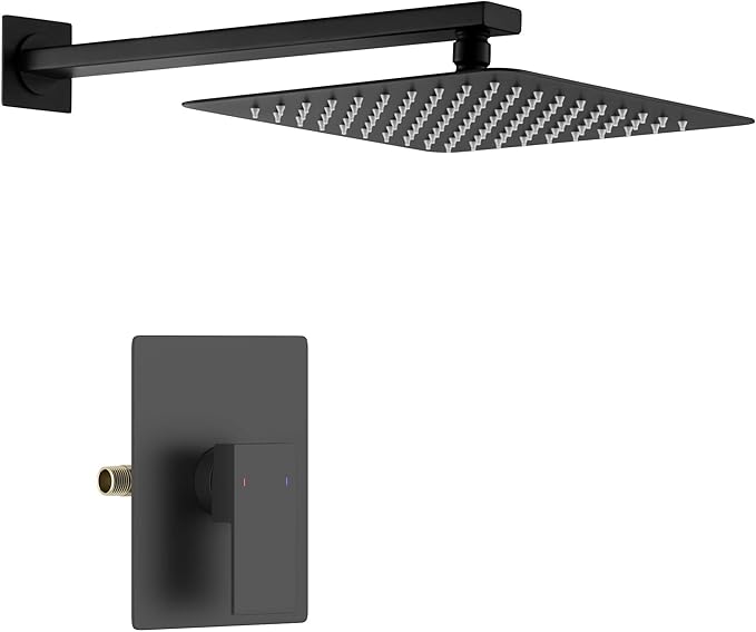 KIBI Cube Rain Shower System with Valve, Wall Mounted Shower Faucet Set – Single Function Solid Brass Pressure Balanced Bathroom Shower System with Rainfall Shower Head, Matte Black