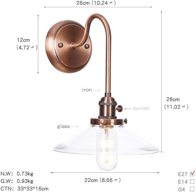 Wall Lamps, Nordic Creative Iron Sconce Lighting with Switch, Clear Glass Lampshade Metal Wall Lights for Bedroom Living Room(Color:F)