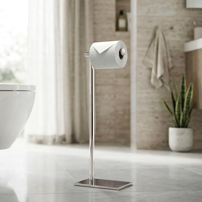Gatco 1431PN Modern Rectangle Base Freestanding Toilet Paper Holder, 21.25", Polished Nickel with Weighted Base