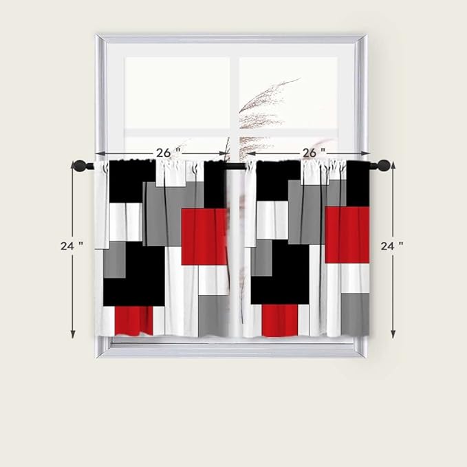 MCALK Red Blackout Kitchen Curtains Tiers Set 2 Piece for Windows Grey and Black Kitchen Window Curtains Set,White Modern Abstract Art Valances for Living Room(24" Tiers Set)