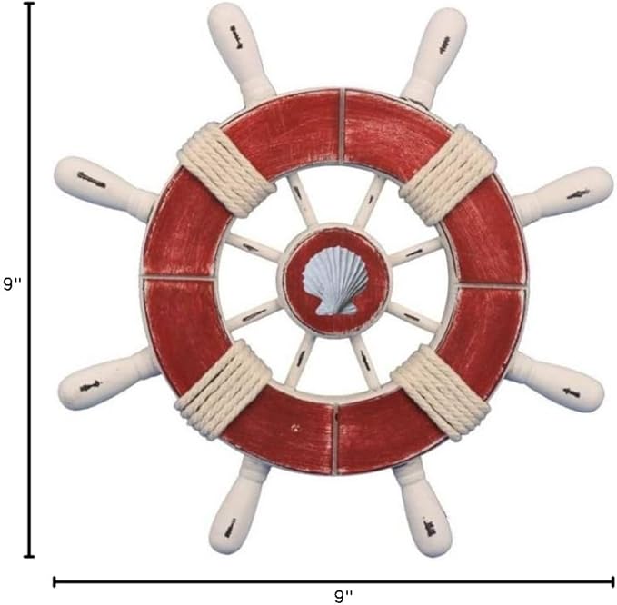 Hampton Nautical Wheel-9-110-seashell Rustic Decorative Ship Wheel with Seashell, 9", Red/White