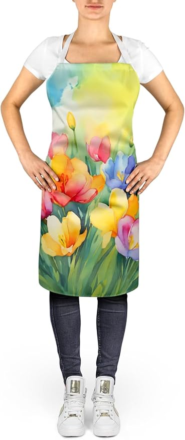 Caroline's Treasures Freesias in Watercolor Apron Cooking Kitchen Server Baking Crafts Gardening for Adult Women Men, Unisex, Large, Multicolor