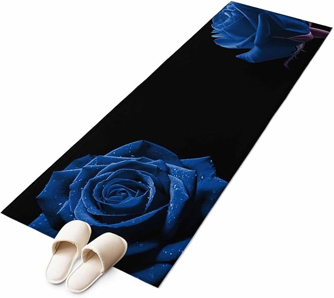 Runner Rug for Bedroom Hallway, Abstract Garden Blue Rose Kitchen Runner Rugs Area Rug 2x6ft, Classic Country Floral Washable Soft Floor Carpet for Entryway Stair