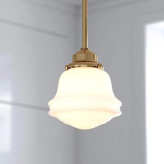 VAXCEL Huntley LED Compatible Gold Brass Farmhouse Mini Pendant Ceiling Light White Schoolhouse Glass