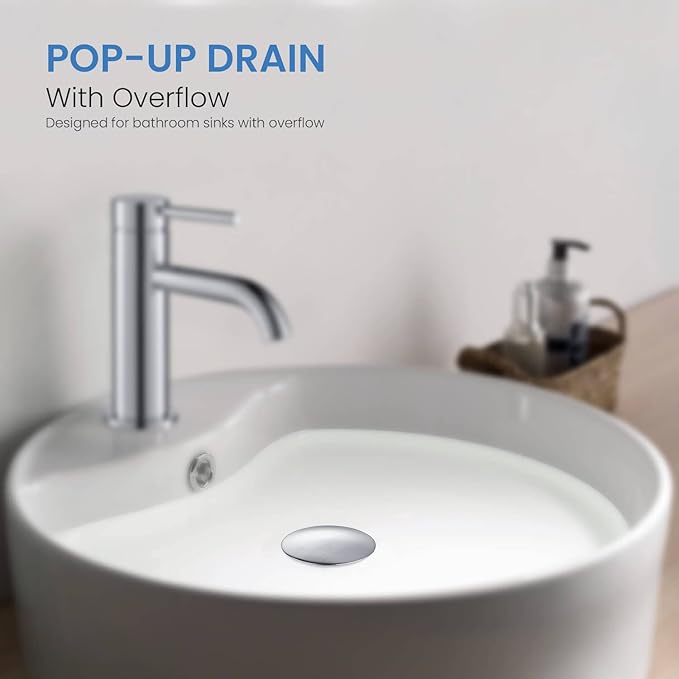 KIBI Sink Pop-Up Drain with Overflow – Full Cover Lavatory Drain Stopper, Chrome Finish, Leak-Proof Bathroom Sink Drain, Easy Install, Universal Fit, Durable Vanity Basin Accessory